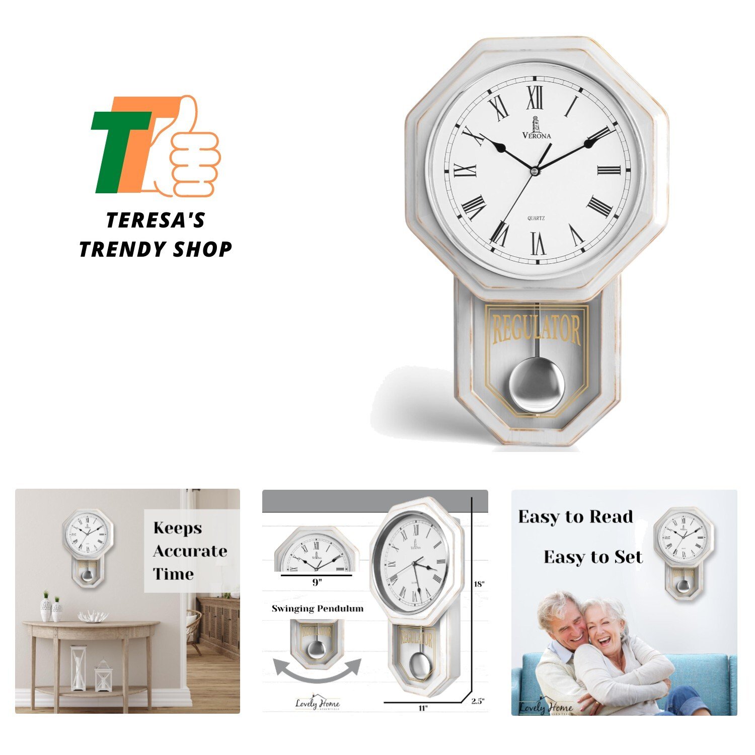 White Pendulum Wall Clock - Rustic Wooden Farmhouse Wall Clock - Regulator Cl...