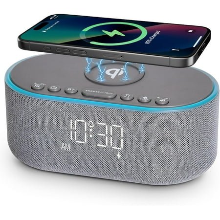 Wireless Charging Alarm Clock Radio: Qi Certified Fast Wireless Charger for iPhone Samsung - 10W Stereo Bluetooth Speaker - Dimmable Digital Clock with FM Radio for Bedroom Gray