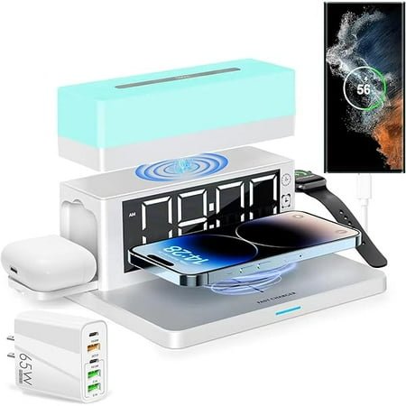 Wireless Charging Station with 65W USB C Charger, 6 in 1 Alarm Clock Magnetic Touch Night Light 15W Fast Charging Stand Compatible with iPhone 15/14/13/12/11/XS Samsung Galaxy AirPods & Apple Watch