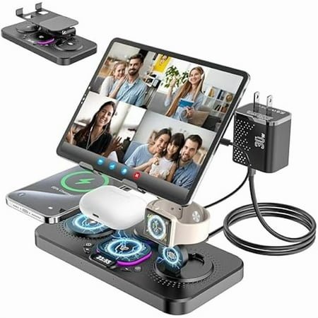 Wireless Charging Station with Clock & 7 Color Ambient Light, for iPhone 16 15 14 Series, Apple Watch 10 9 8, AirPods 4/3/2, 30W Desk Wireless Charger, Multiple Devices iPad Samsung Stand Dock