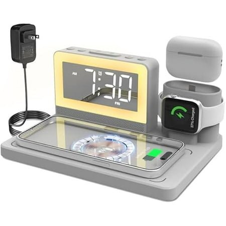 Wireless Fast Charging Station - 7 in 1 Alarm Clock with Wireless Charger Stand - Charging Dock for Apple/Samsung Galaxy Multiple Devices - for iPhone Watch and Airpods