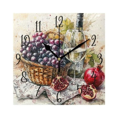 WOBOGO Fruit Basket with White Wine Wall Clock 7.78 Inch Battery Operated Silent Unit Square Rustic Vintage Style for Home Bedroom Office Black Pointer