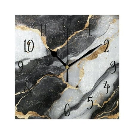 WOBOGO Gilt Black Veined Marble Wall Clock 7.78 Inch Battery Operated Silent Unit Square Rustic Vintage Style for Home Bedroom Office Black Pointer