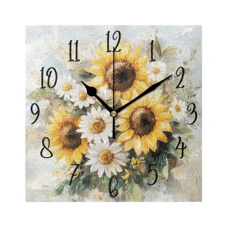 WOBOGO Sunflowers and Daisies Wall Clock 7.78 Inch Battery Operated Silent Unit Square Rustic Vintage Style for Home Bedroom Office Black Pointer