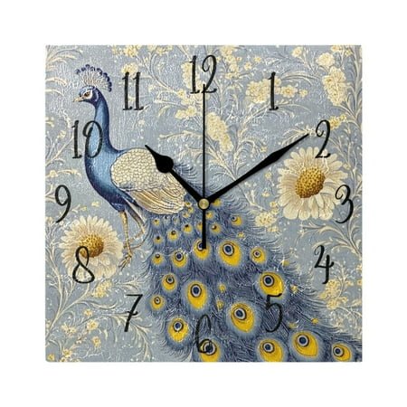 WOBOGO Vintage Blue Peacock Wall Clock 7.78 Inch Battery Operated Silent Unit Square Rustic Vintage Style for Home Bedroom Office Black Pointer