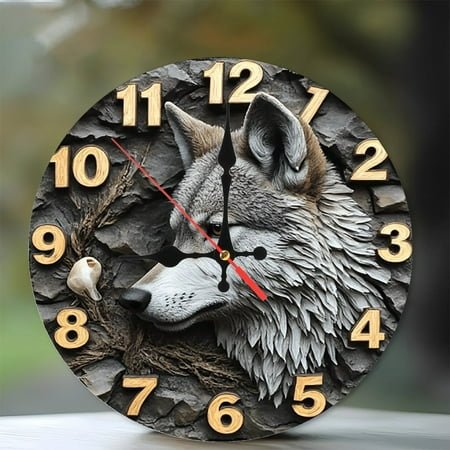 Wolf Head Wall Clock Stone Design Rustic Home Decor 10-Inch Silent Wooden Wall Clock, Battery Operated (AA Batteries Not Included), Artistic Home Decor