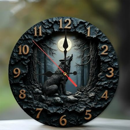 Wolf Howling Clock 10-Inch Silent Wooden Wall Clock, Battery Operated (AA Batteries Not Included), Artistic Home Decor