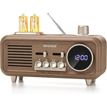 wonima99 Retro Radios FM Portable Bluetooth Speaker,12/24H Small Plug in Vintage Clock Radio with USB/AUX/TF Card for Kitchen/Bedroom/Desk/Shelf (Wood Grain)
