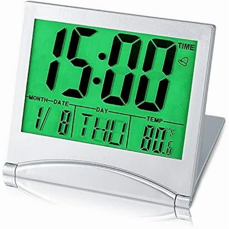 wonima99 Small Digital Travel Alarm Clock Battery Operated, Portable LCD Large Display Alarm Clock with Backlight, Temperature Desk Clock -Silver(Green Light)