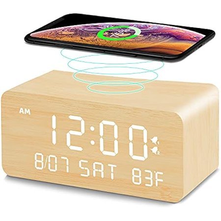 wonima99 Wooden Digital Alarm Clock with Wireless Charging, 0-100% Adjustable Brightness Dimmer and Alarm Volume, Weekday/Weekend Mode, Dual Alarm, Snooze, 12/24H, Wood LED Clock for Bedroom (Bamboo)