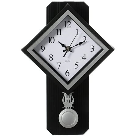 Wood-Look Pendulum Plastic Wall Clock, Farmhouse Decor for Living Room, Kitchen, or Dining Room, Silent Clock with Roman Numerals, Battery Powered, Large Decorative Wall Clock, Easy-to-Read, Black