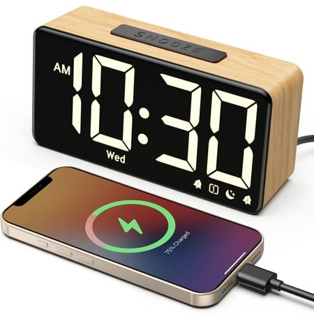 Wooden Alarm Clocks for Bedrooms, Digital Clock with Large Display, Desk Clock for Bedside, Super Loud for Heavy Sleepers, Power-Off Memory & Alarm, 4 Level Brightness +Off, Dual Alarm, 12/24H