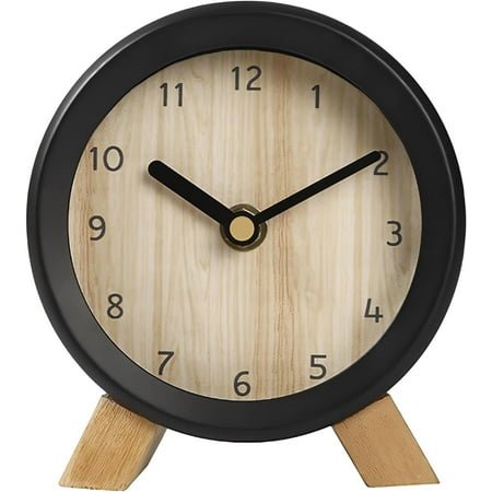 Wooden Analog Clock, Small Silent Bedside Desk Clock Battery Operated, Elegant and Decorative Table Clock with Wooden Frame for Living Room, Bedroom, Bedside, Desk (Black)
