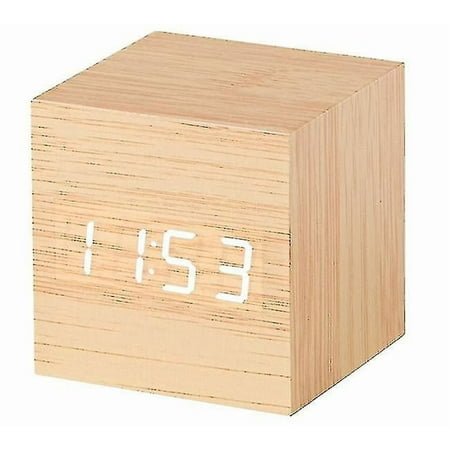 Wooden clock creative electronic clock square digital clock mini alarm clock thermometer bedside clock (time, date temperature) -C