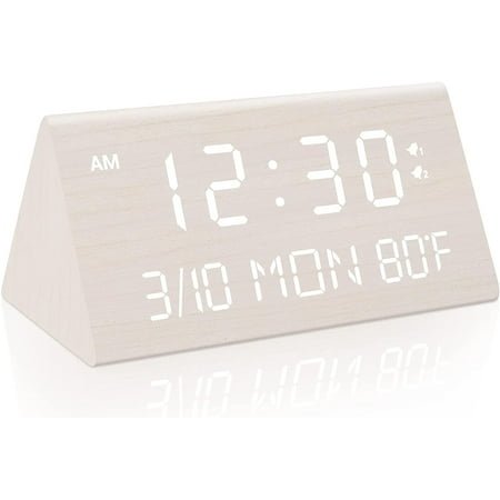 Wooden Digital Alarm Clock, 0-100% Dimmer, 2 Alarm Settings, Weekday/Everyday Mode, 9 Mins Snooze, 12/24H, Temperature and Date Display for Office, Travel, Bedroom Alarm Clock (White)