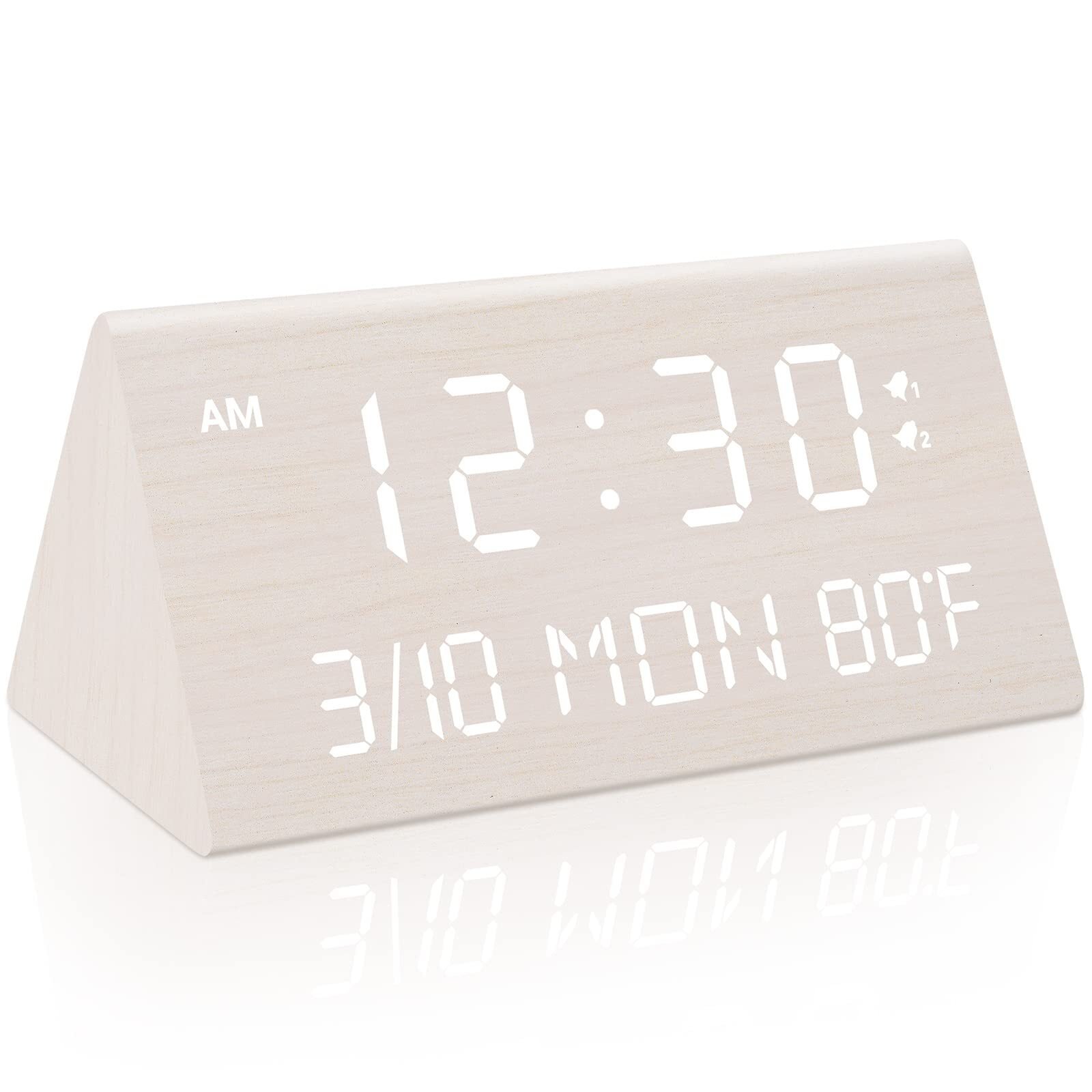 Wooden Digital Alarm Clock, 0-100% Dimmer, 2 Alarm Settings, Weekday/Everyday...