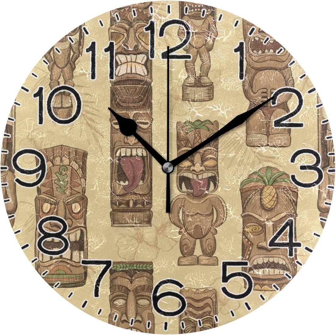 Wooden Tiki Idols Wall Clock Battery Operated Non Ticking Silent Quartz Analog Rustic Farmhouse Round Clock Retro Decor for Home Kitchen Living Room Bathroom