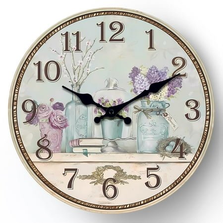 Wooden Wall Clock 10 Inch Purple Lavender Flower Vase Clock Country Silent Wall Clocks Decorative for Bathroom Kitchen Living Room Bedroom
