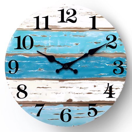 Wooden Wall Clock 12 Inch Beach Wall Clocks Battery Operated Coastal Ocean Themed Blue Clock Decor for Living Room Kitchen Bathroom
