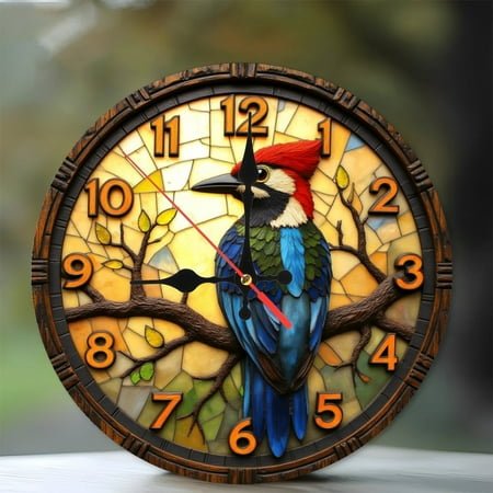 Woodpecker Wall Clock Art Vintage Decorative Timepiece 10-Inch Silent Wooden Wall Clock, Battery Operated (AA Batteries Not Included), Artistic Home Decor
