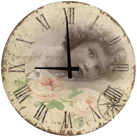 Wood Wall Clock 12 Inch Angel Eyes Vintage Large Numbers Round Small Battery Operated Wall Art