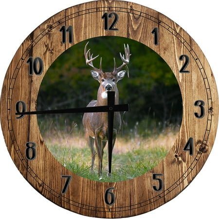 Wood Wall Clock 12 Inch Big Buck Whitetail Deer Hunting Deer Wall Art Round Small Battery Operated