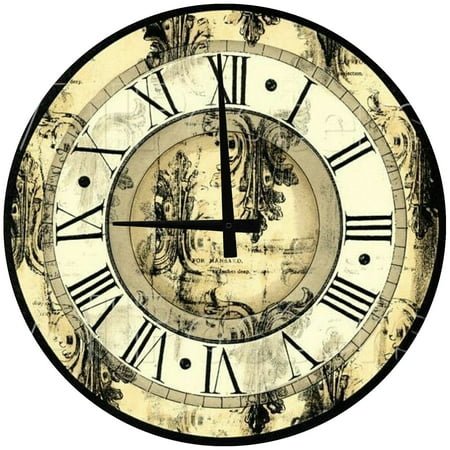 Wood Wall Clock 12 Inch French Provincial Fleur de Lis Round Small Battery Operated Wall Art