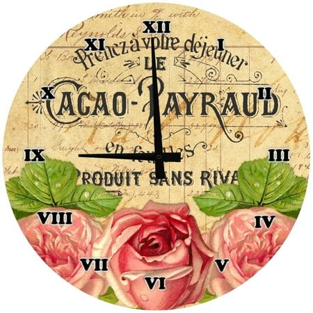 Wood Wall Clock 12 Inch French Provincial Roses Round Small Battery Operated Wall Art