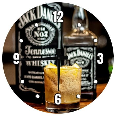 Wood Wall Clock 12 Inch Jack Whiskey for Home Bar Décor Round Small Battery Operated Wall Art