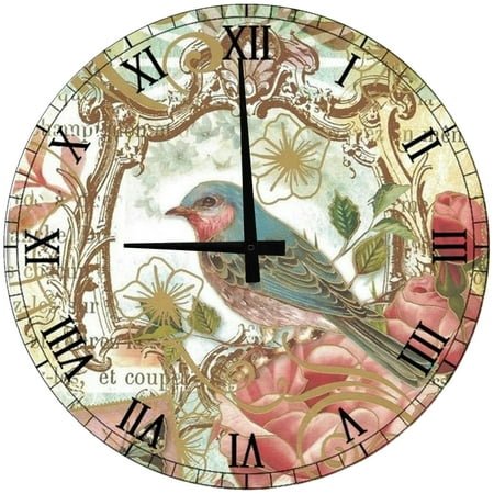 Wood Wall Clock 12 Inch Vintage Cute Bird Mirror Round Small Battery Operated Wall Art