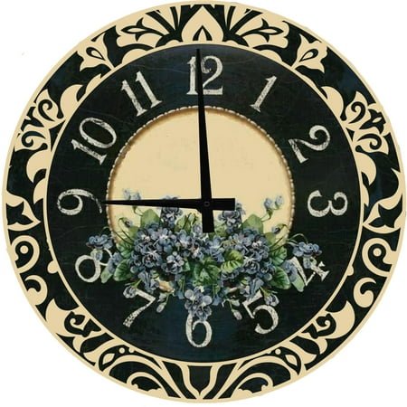 Wood Wall Clock 18 Inch Round Blue Flower Black Ivory Farmhouse Round Small Battery Operated Wall Art