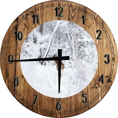 Wood Wall Clock 18 Inch Round Whitetail Deer Hunting Wall Art Snow White Round Small Battery Operated
