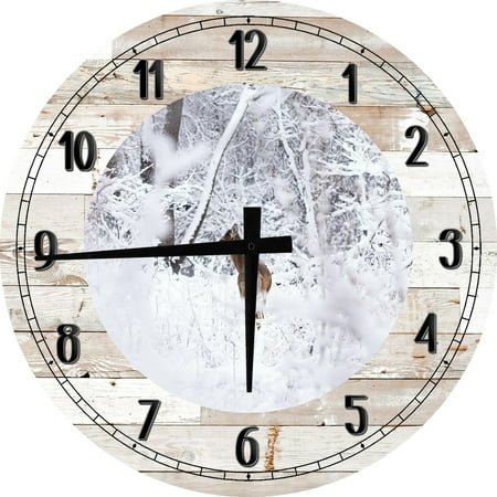 Wood Wall Clock 18 Inch Round Whitetail Deer Hunting Wall Art Snow White Round Small Battery Operated White
