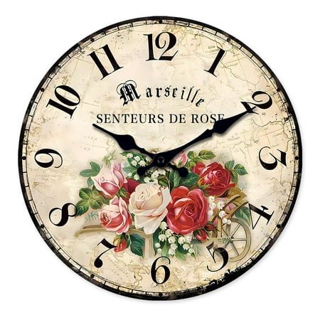 Wood Wall Clock Battery Operated 12 Inch - Silent Wall Clock Non Ticking - Flower Wall Clock for Girl - Vintage Wall Clock for Bedroom