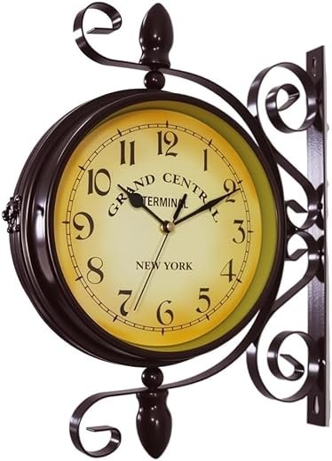 Wrought Iron Antique-Look Brown Round Wall Hanging Double Sided Two Faces Retro Station Clock Round Chandelier Clock with Scroll Wall Side Mount Home Décor Wall Clock 8-inch