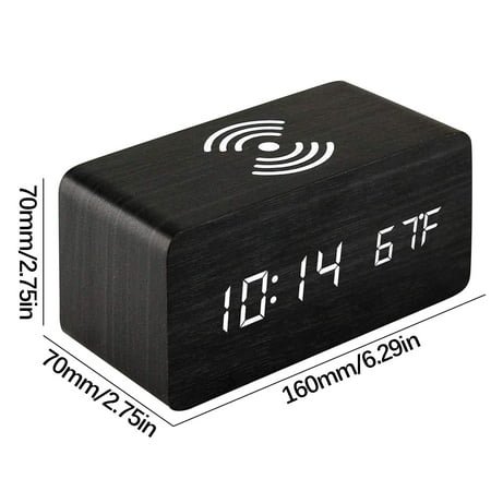 Xmzdegqg Wooden Digital Alarm Clock with Wireless Charging | LED Display, Temperature & Time | Sound Activated Backlight | USB/Battery Powered | 160x70x70mm