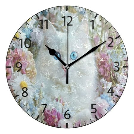 YAZAOO Decorative Wall Clock Size：25cm White Cat with Blue Eyes Design Pattern Clock