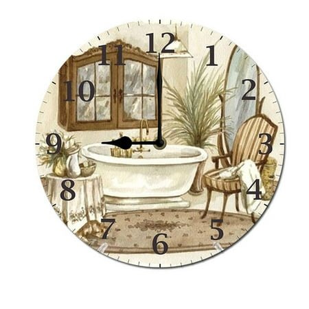 ZXCXRQFa Clock Watercolor Bathtub Round Wall Clock Daisy Silent Non Ticking Wooden Wall Clocks Battery Operated for Home Office School Decor,10 Inch