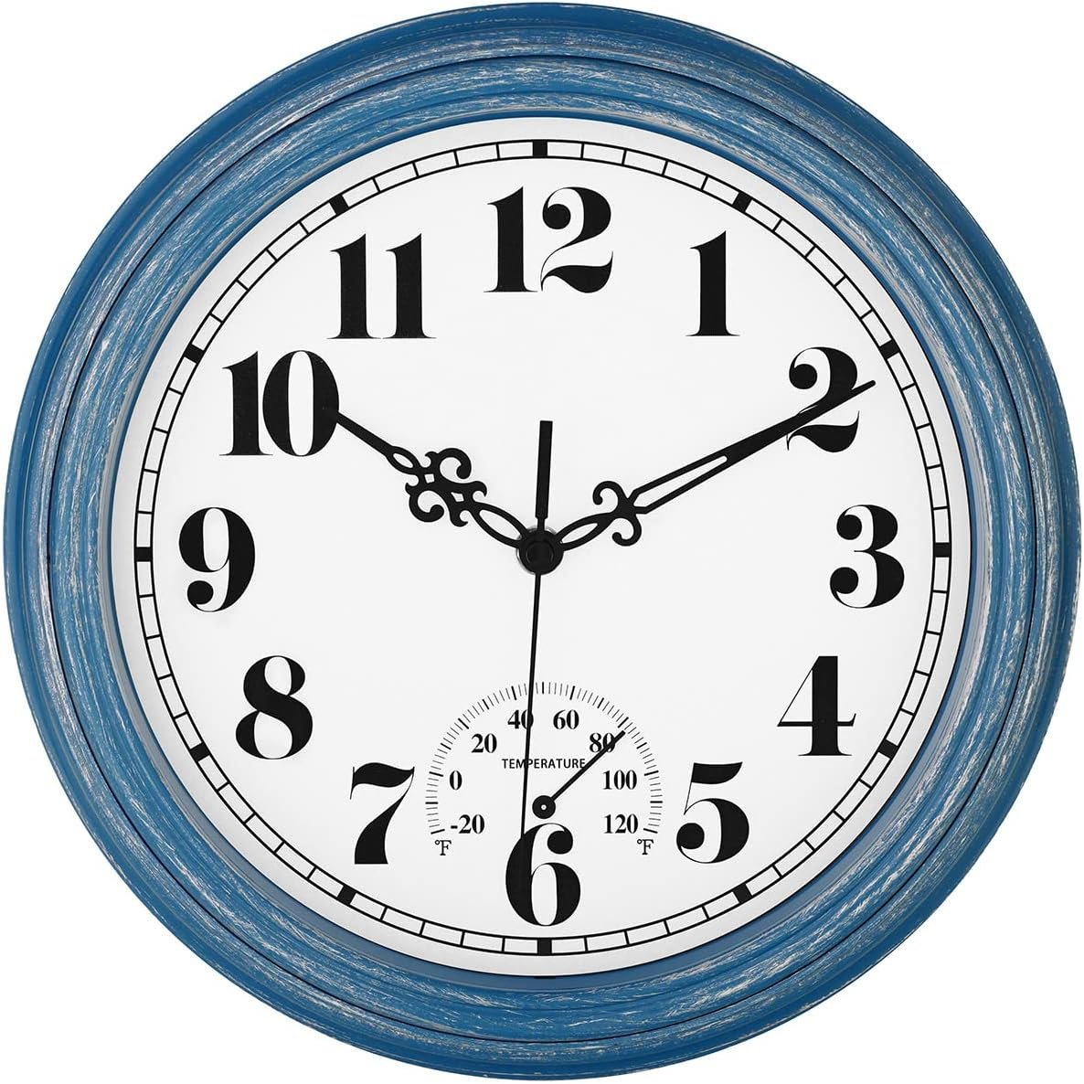 zyzamay 12 Inch Indoor Outdoor Clocks,Waterproof Wall Clock with Thermometer,Easy to Read,Non-Ticking Battery Operated Quality Quartz Clock, Decorative for Patio,Porch,Pool,Bathroom,Deck(Blue)