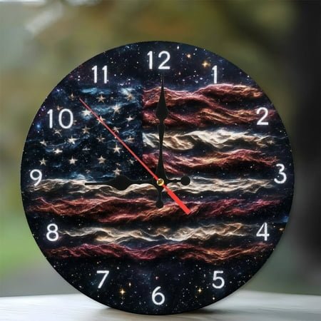 10-Inch Silent Wooden Wall Clock, American Flag Galaxy Clock Wall Art Home Decor Silent Non-Ticking Clock, Battery Operated (AA Batteries Not Included), Artistic Home Decor
