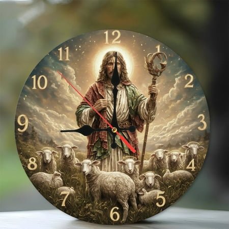 10-Inch Silent Wooden Wall Clock, Jesus Shepherd Wall Clock Good Shepherd Biblical Art Silent Non-Ticking Clock, Battery Operated (AA Batteries Not Included), Artistic Home Decor