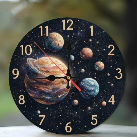 10-Inch Silent Wooden Wall Clock, Space Galaxy Planets Clock Wall Art Decor Silent Non-Ticking Clock, Battery Operated (AA Batteries Not Included), Artistic Home Decor