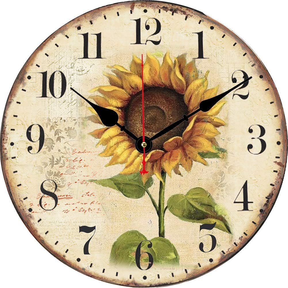 10 Inch Decorative Wall Clock Arabic Numeral Wall Clocks Battery Operated Silent Wall Clocks Wooden Round Sunflower Hanging Clock for Kitchen,Dining Room,Office and Living Room