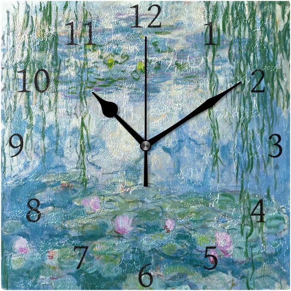 10 Inch Decor Wall Clock Water Lilies by Claude Monet Oil Paintings Flowers 7.87 Inch Square Numeral Clock Silent Non Ticking for Home Office School