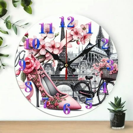 10 inch Wall Clock, Eiffel Tower, cherry blossoms, fashion elements Print, Wall hanging decor Silent Mechanical Movement - Great for Living Room, Kitchen, Dorm Decoration and Daily Practical Gift