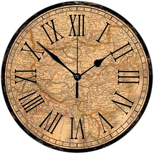 10 Inch Wooden Wall Clock with Big Numbers Silent Vintage Style Old World Map Round Wood Clock Decorative Distressed Style Wall Clock Perfect for School Kitchen Bedroom with Big Numbers Clock