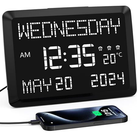 11.5” Digital Wall Clock with Date,Time,Week,Indoor Temperature,3 Alarms,5 Dimmer,2 USB Chargers,Battery Backup,Snooze,12/24H for Elderly,Parents,Impaired Vision,Dementia,Memory Loss,Office,Bedroom