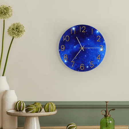 12-Inch Blue Galaxy Glass Wall Clock – Frameless Silent Design, Battery-Operated Round Clock with Tempered Glass (1x AA Battery Needed)