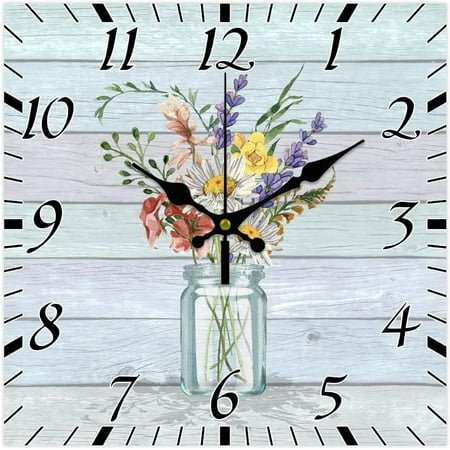 12inch Flowers Pattern Wall Clock Silent Vintage Design Square Wall Clocks Rustic Country Style Decor Clock for Home Decor Living Room Kitchen Office colorful