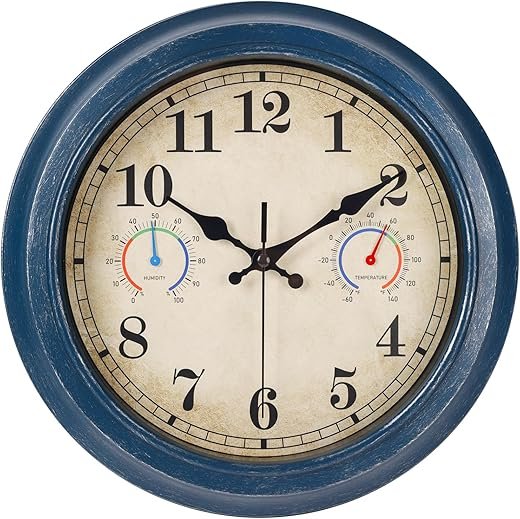 12 Inch Outdoor Clock with Thermometer and Hygrometer Combo, Waterproof Indoor Outdoor Wall Clocks for Patio, Pool, Garden, Bathroom Decor- Blue